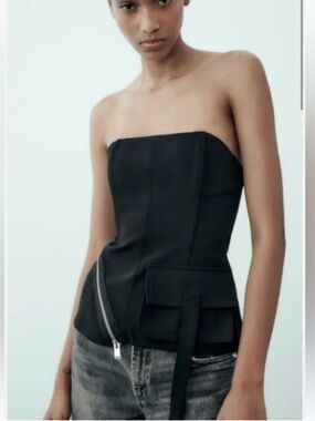 NWT Zara Black Strapless Bustier with Asymmetric Zipper Size S